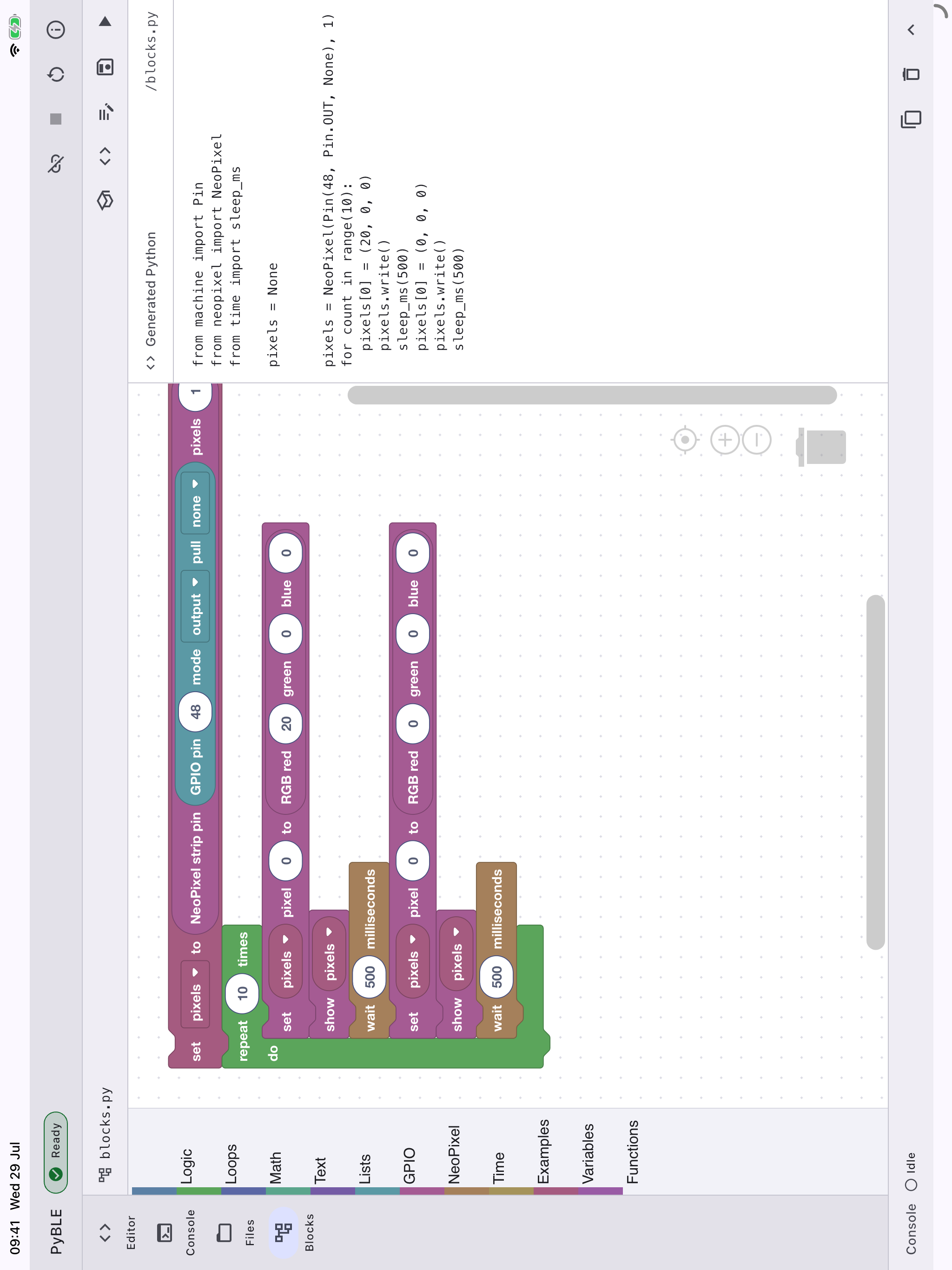 Actual PyBLE app showing a GPIO 48 NeoPixel Blocks program beside its generated Python